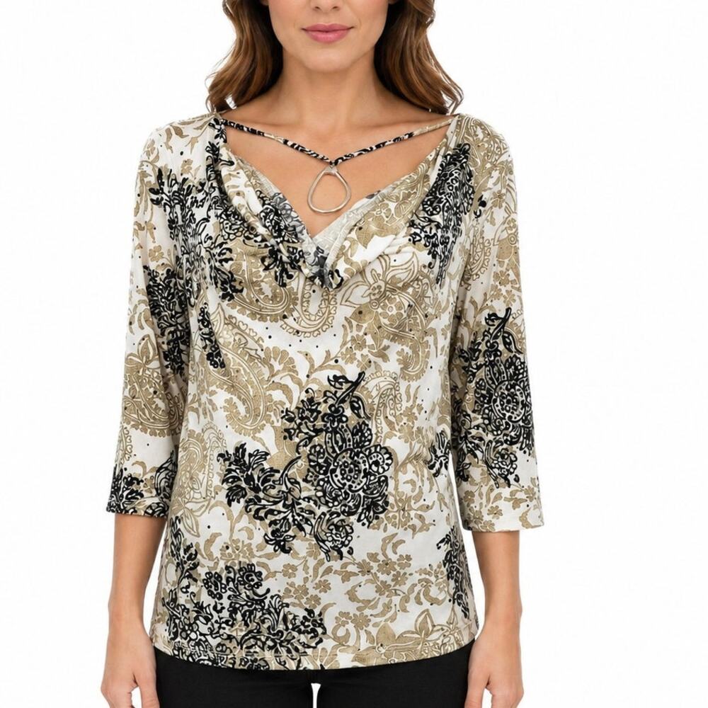 AGB Draped Neck w Necklace Attached Top Sparkle Brown Cream Slinky Made in USA L